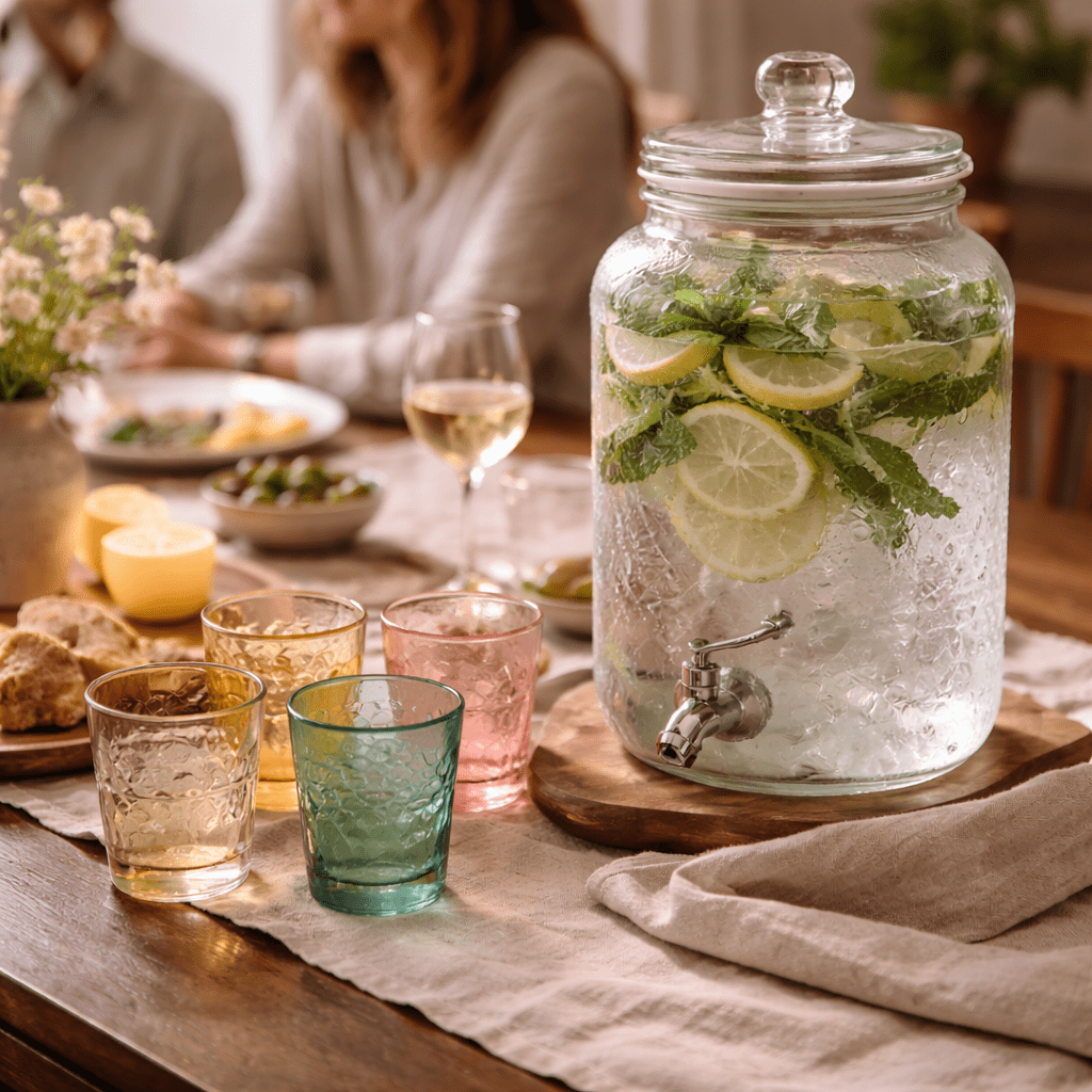 Glass drinks dispenser with lemon and mint water beside coloured tumblers on a spring dining table.