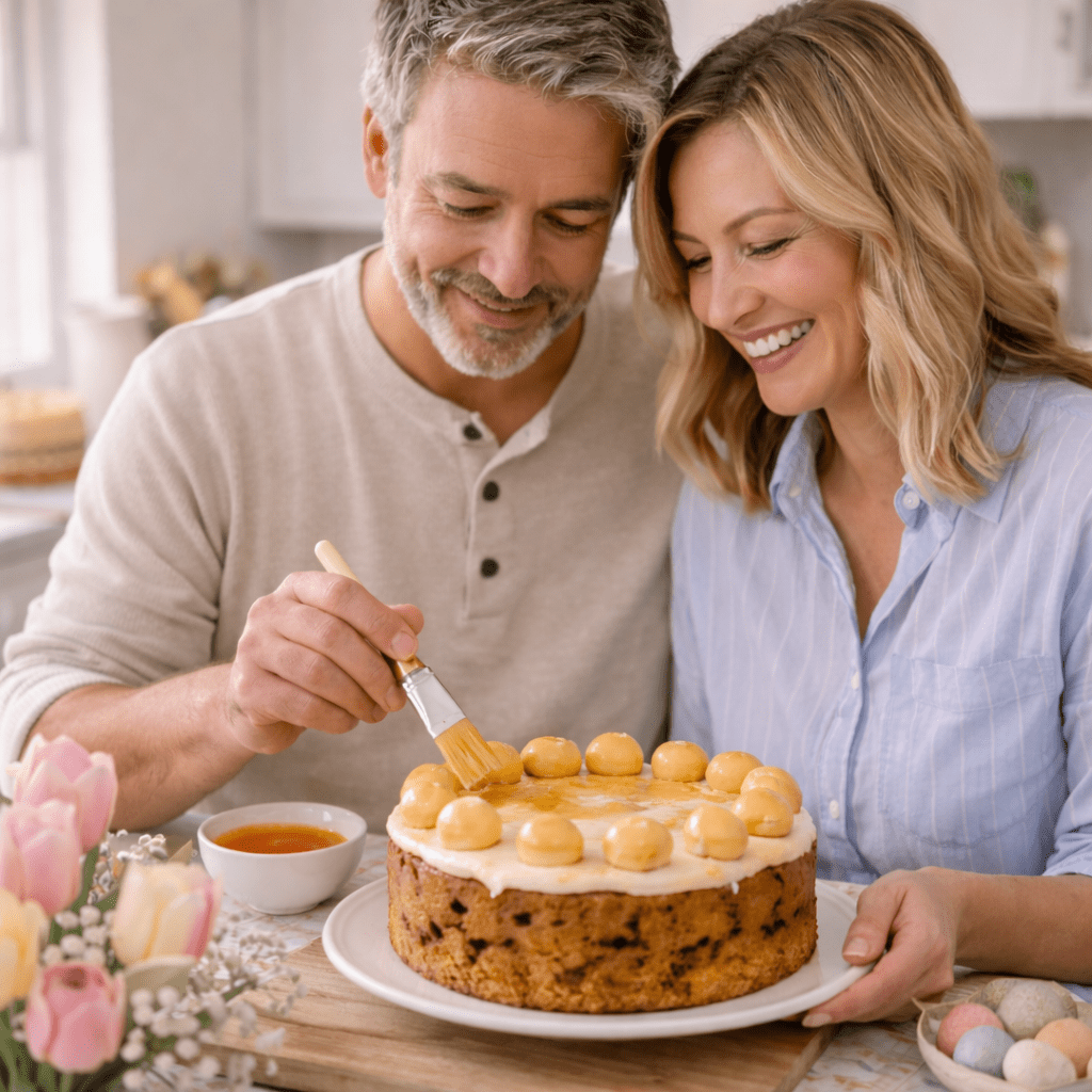 Couple in their 40s glazing marzipan topped simnel cake in a bright home kitchen.