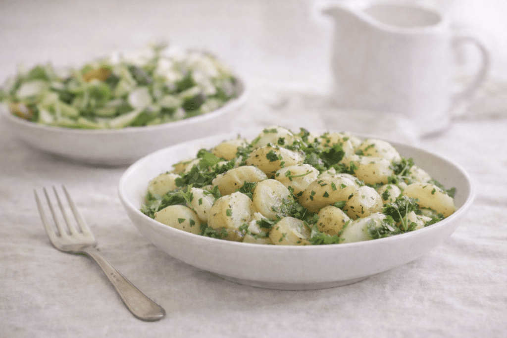 Herbed potato salad with parsley and black pepper served in a white bowl
