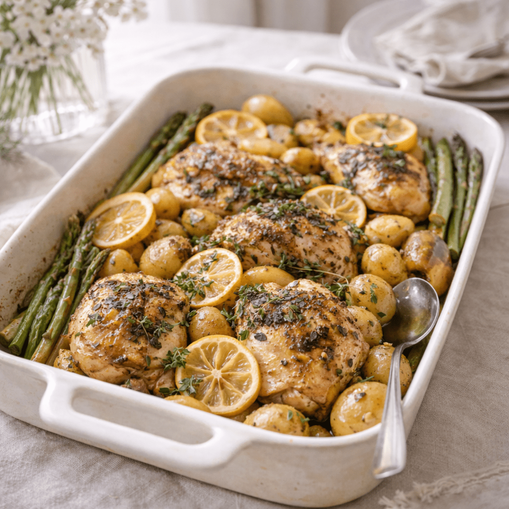Golden roasted lemon herb chicken traybake with asparagus and baby potatoes in a ceramic dish on a spring table.