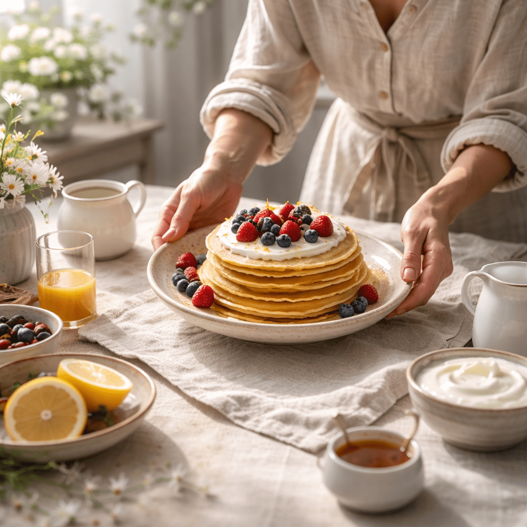 Woman placing a plate of lemon pancakes topped with yoghurt and fresh berries onto a softly styled breakfast table in natural morning light.