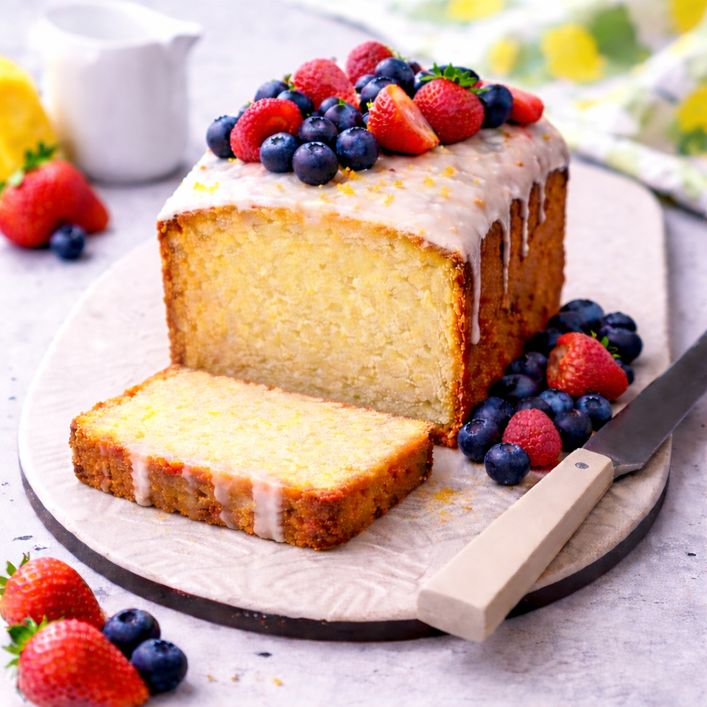 Lemon drizzle loaf cake topped with strawberries, raspberries and blueberries, sliced on a serving board