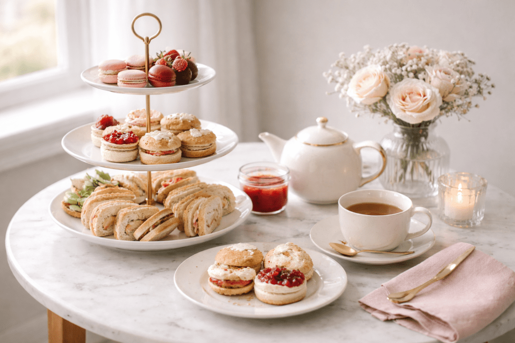 Mother’s Day gift experience idea shown as an elegant afternoon tea setting in soft spring light.