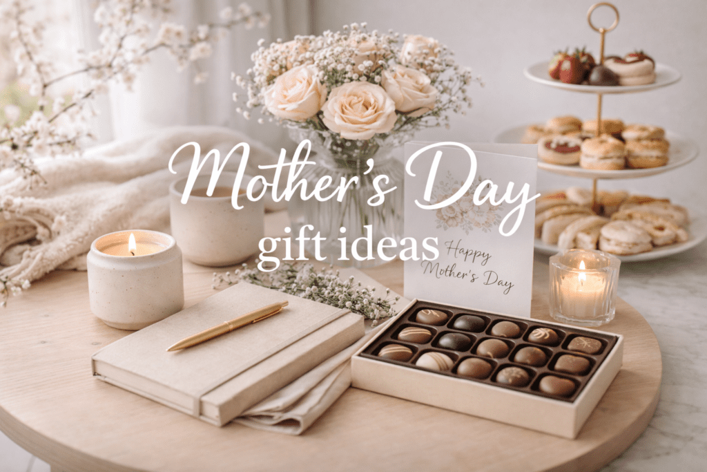 Mother’s Day gift ideas featuring candles, chocolates, flowers, a card and an afternoon tea setup.