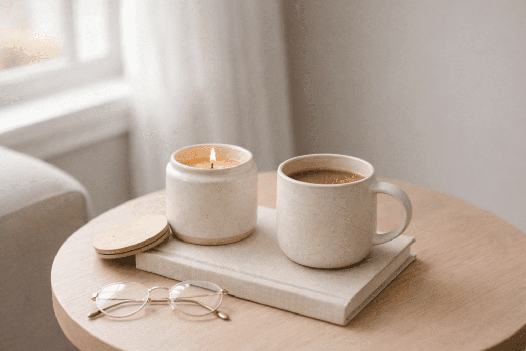 A neutral scented candle and ceramic mug styled on a side table.