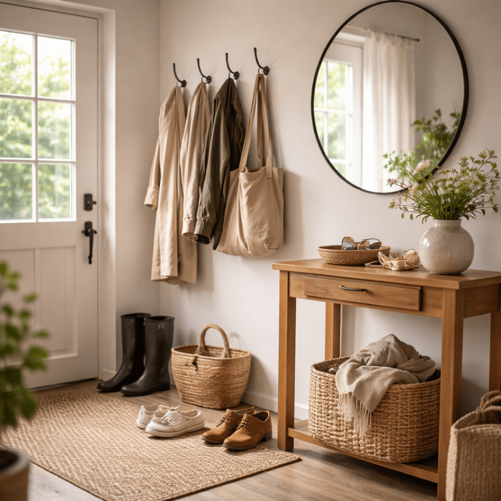 Hallway with round mirror reflecting bright window light, coats on hooks and everyday shoes by the door.