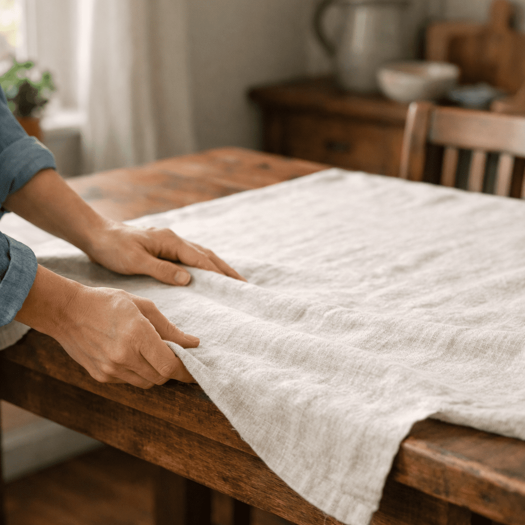 Hands adjusting a natural linen tablecloth on a wooden dining table in soft daylight.