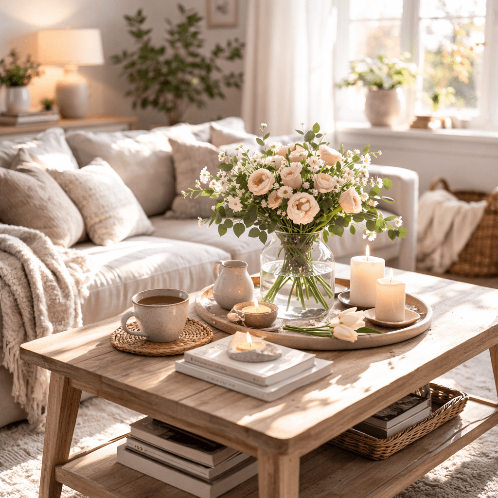 Neutral living room with fresh flowers in a glass vase and lit candles on a wooden coffee table in soft natural daylight as decoration for Mother's Day ideas at home.