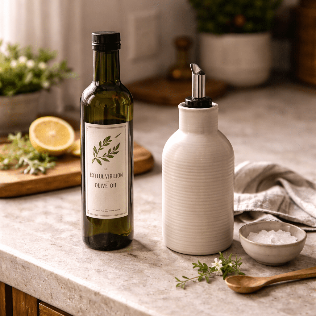 Olive oil bottle and ceramic pouring bottle on a kitchen counter in soft natural daylight.