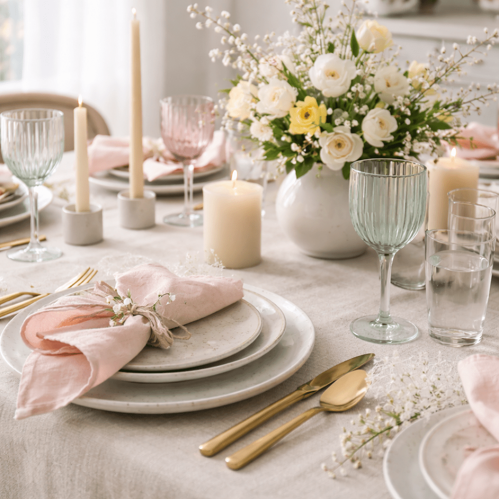 Pastel spring table setting with coloured glassware, linen napkins and neutral candles in natural daylight.