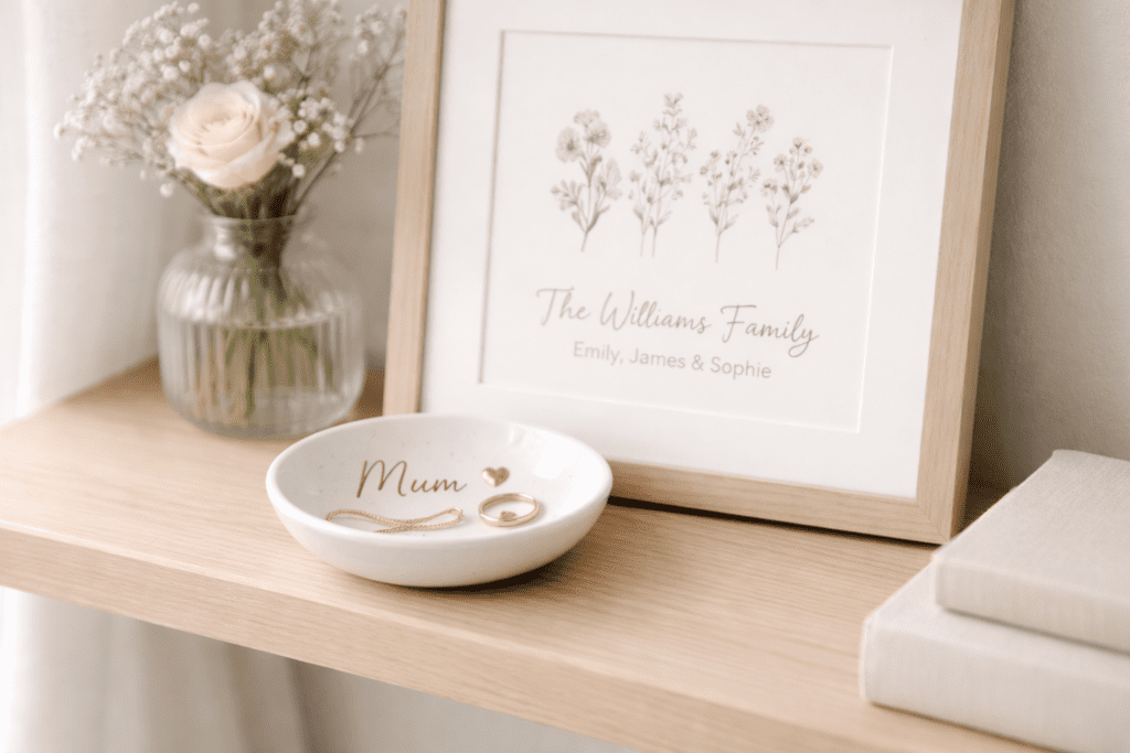 Personalised Mother’s Day gift ideas including an engraved trinket dish and framed botanical family print.