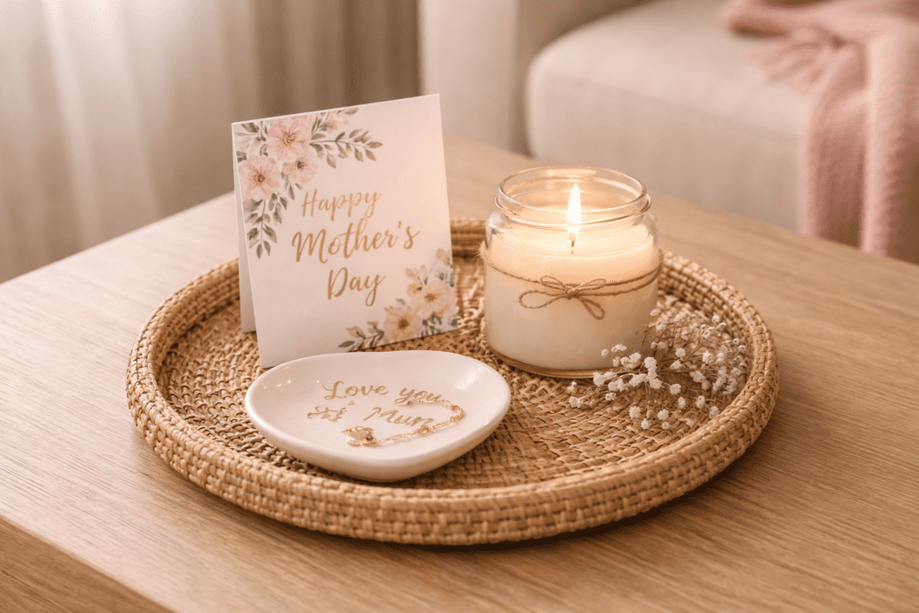 Mother’s Day decorating ideas with a decorative tray holding a candle, card, and personalised keepsake