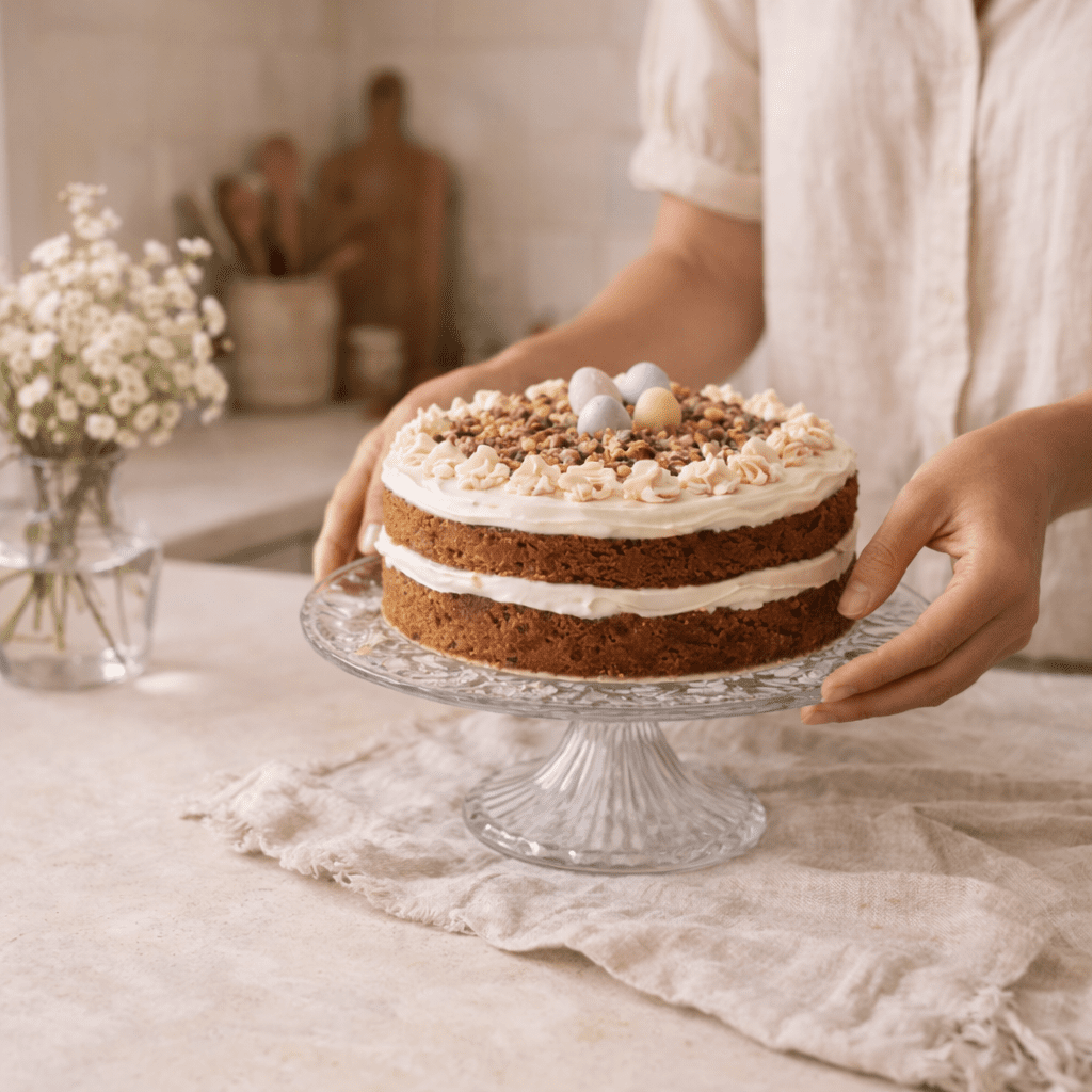 Hands placing a frosted layer cake onto a glass cake stand in a softly lit kitchen.