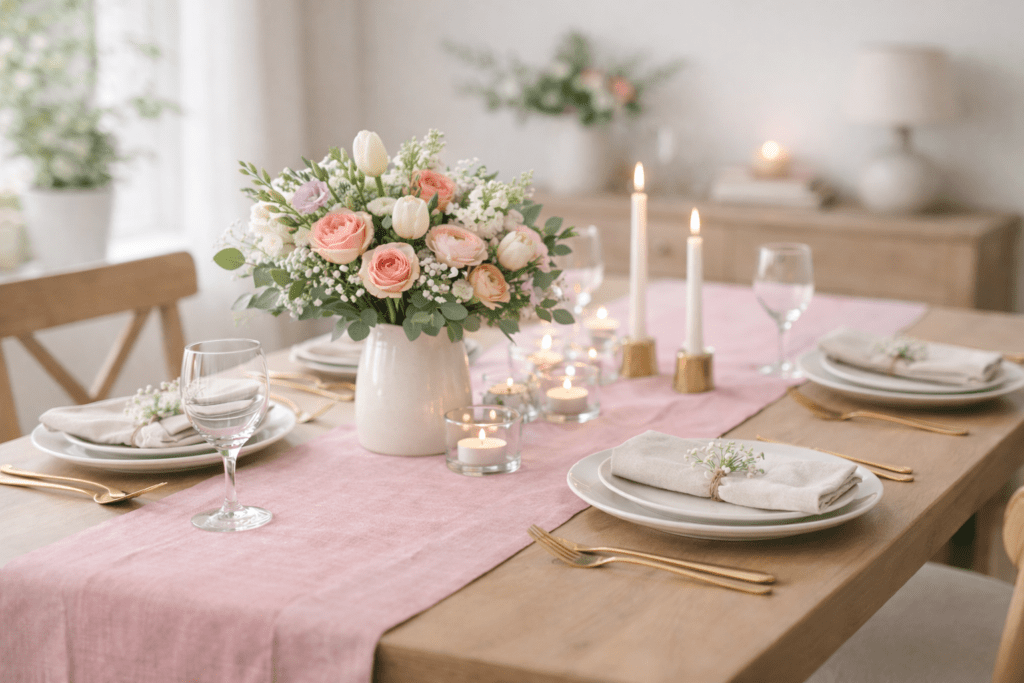 A pink table runner, linen napkins, and relaxed spring table setting