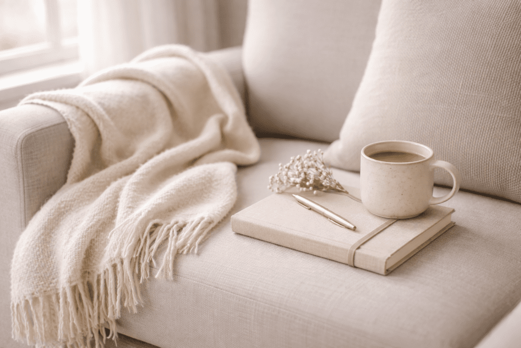 Mother’s Day gift ideas for relaxation including a soft throw and notebook styled on a sofa.