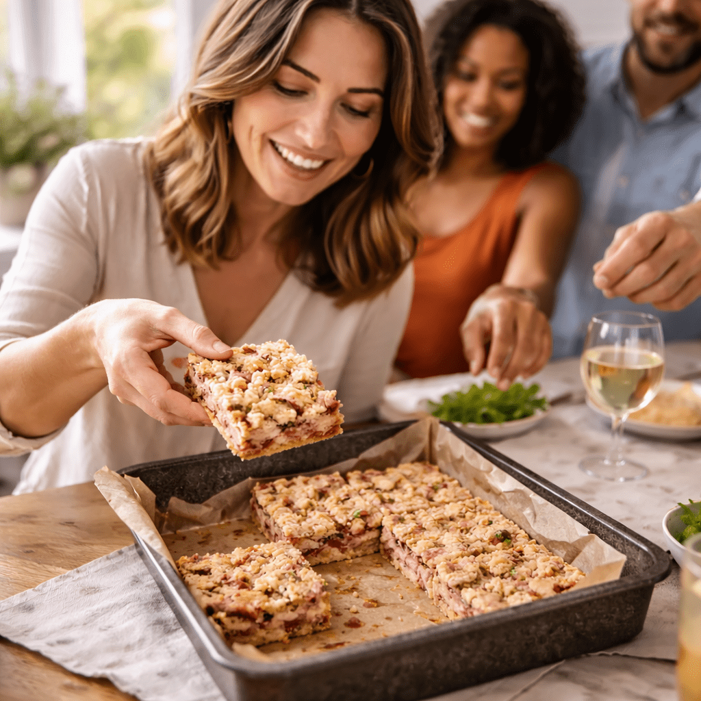 Woman in her 30s lifting a rhubarb crumble bar from a baking tin while friends reach in the background.
