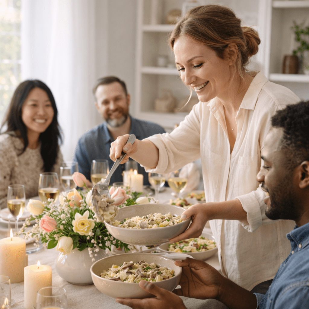Woman serving creamy mushroom orzo to smiling guests at a spring dinner table in natural daylight.