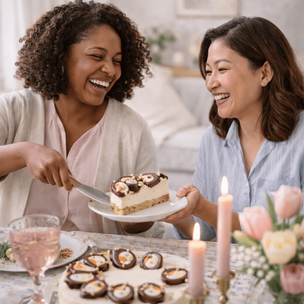 Woman serving slice of Creme Egg cheesecake with biscuit base to her friend at pastel Easter table in natural daylight.