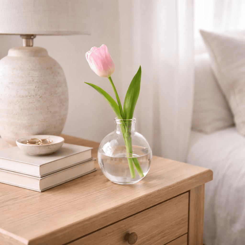 Single pink tulip stem in a clear glass bud vase on a wooden bedside table in soft natural daylight.