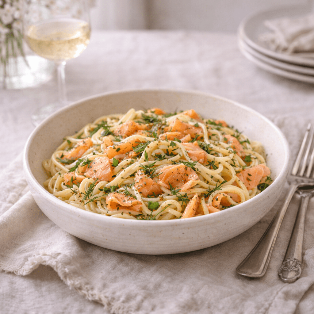 Smoked salmon and dill pasta served in a ceramic bowl on a linen napkin in soft natural daylight.