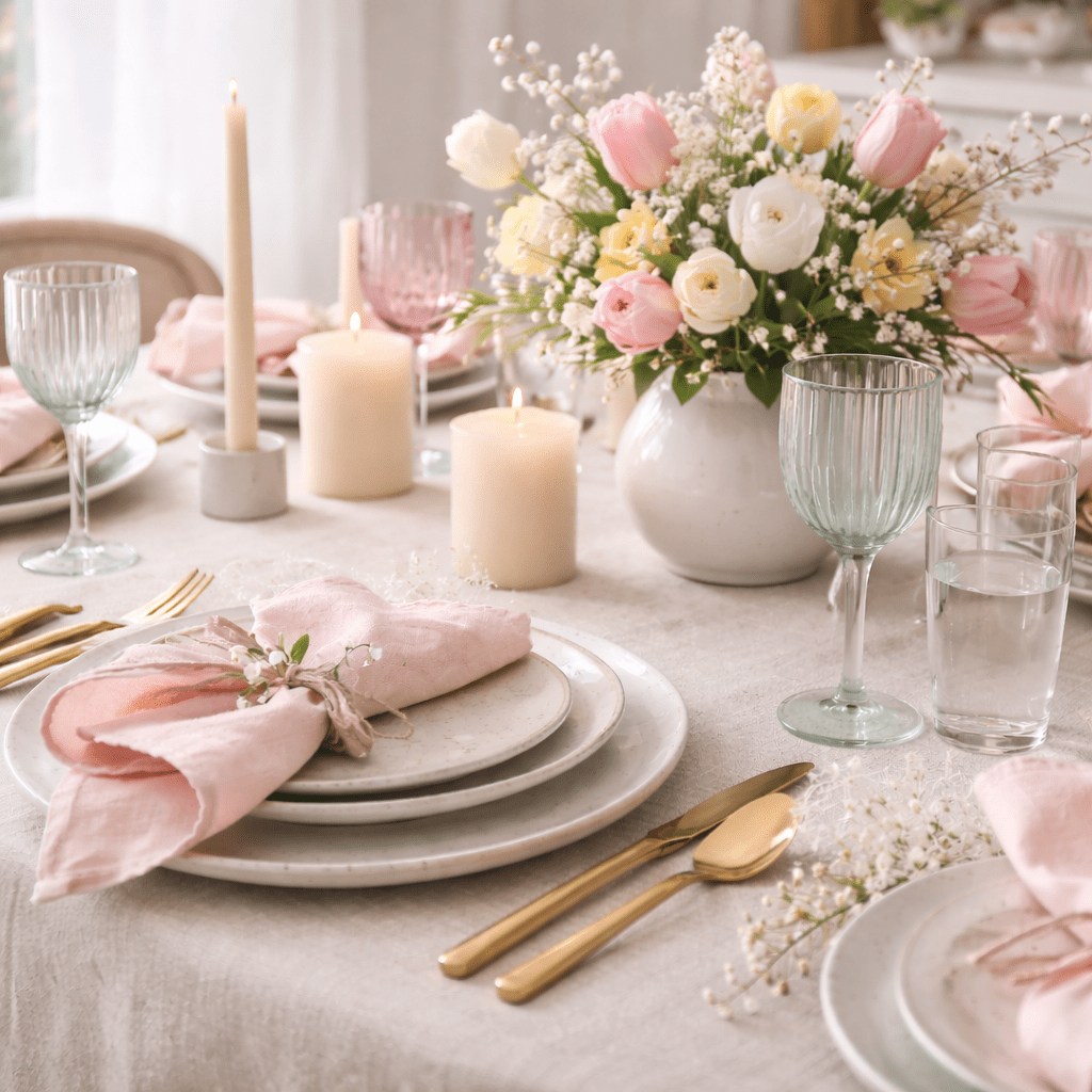 Spring dinner table styled with linen tablecloth, pastel glassware, neutral candles and tulips in natural daylight.