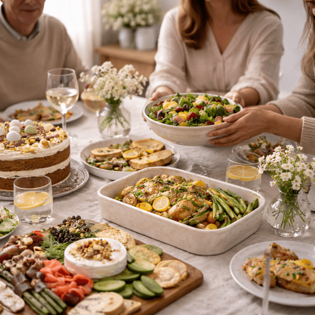 Family gathered around a softly styled spring lunch table sharing food in natural daylight as part of Mother's Day ideas at home.