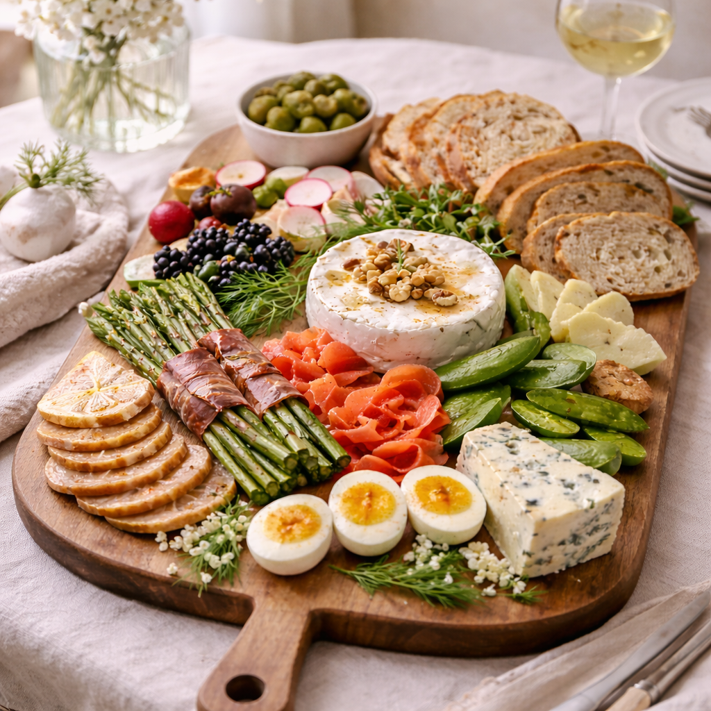 Alternative easter lunch ideas featuring a spring grazing board with cheeses, smoked salmon, asparagus and sourdough on a wooden serving board in soft daylight.