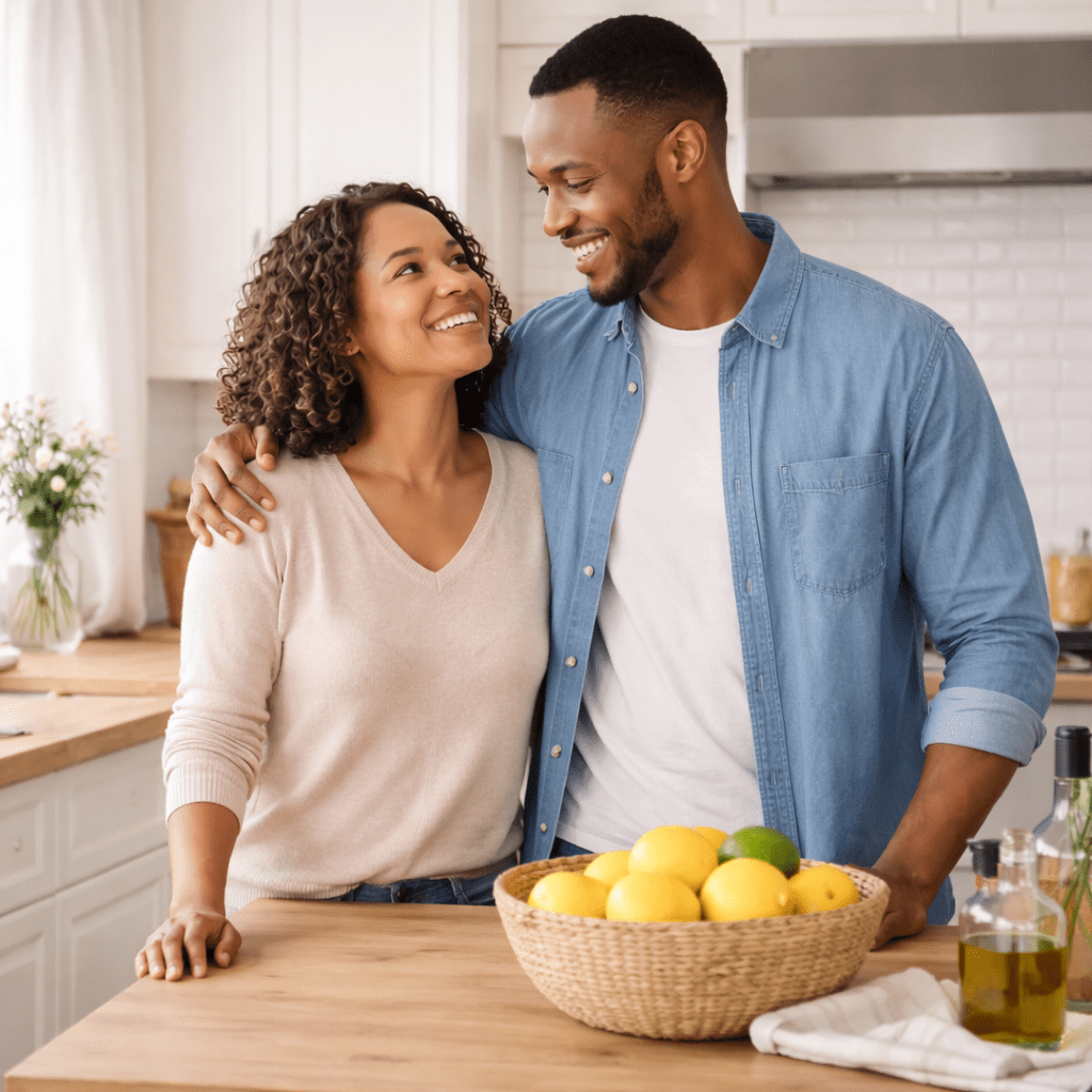 Couple in their 30s smiling together in a bright kitchen with a bowl of lemons on a wooden island.