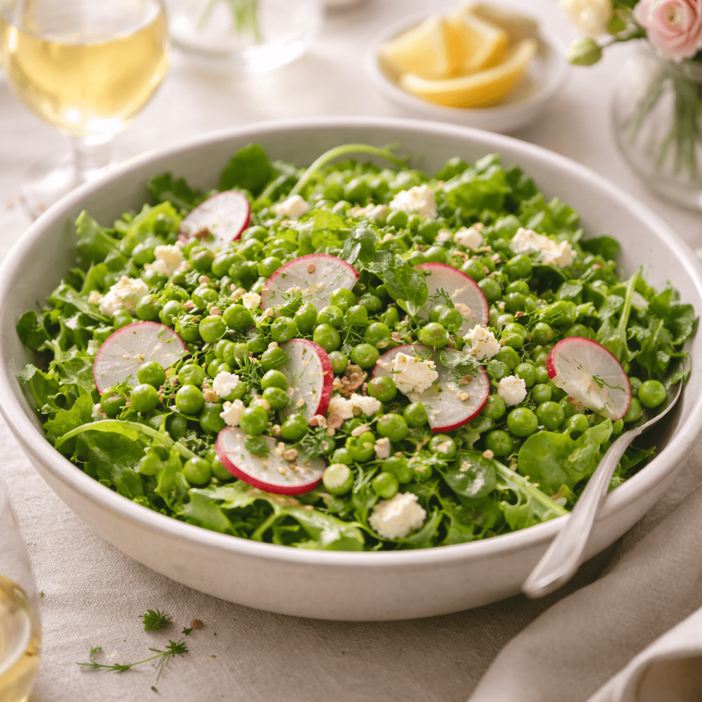 Spring salad with peas and sliced radish in a large ceramic bowl on a dining table in natural daylight.