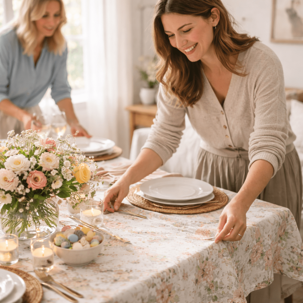 Smiling woman adjusting a spring floral tablecloth while another person sets plates in bright natural daylight.