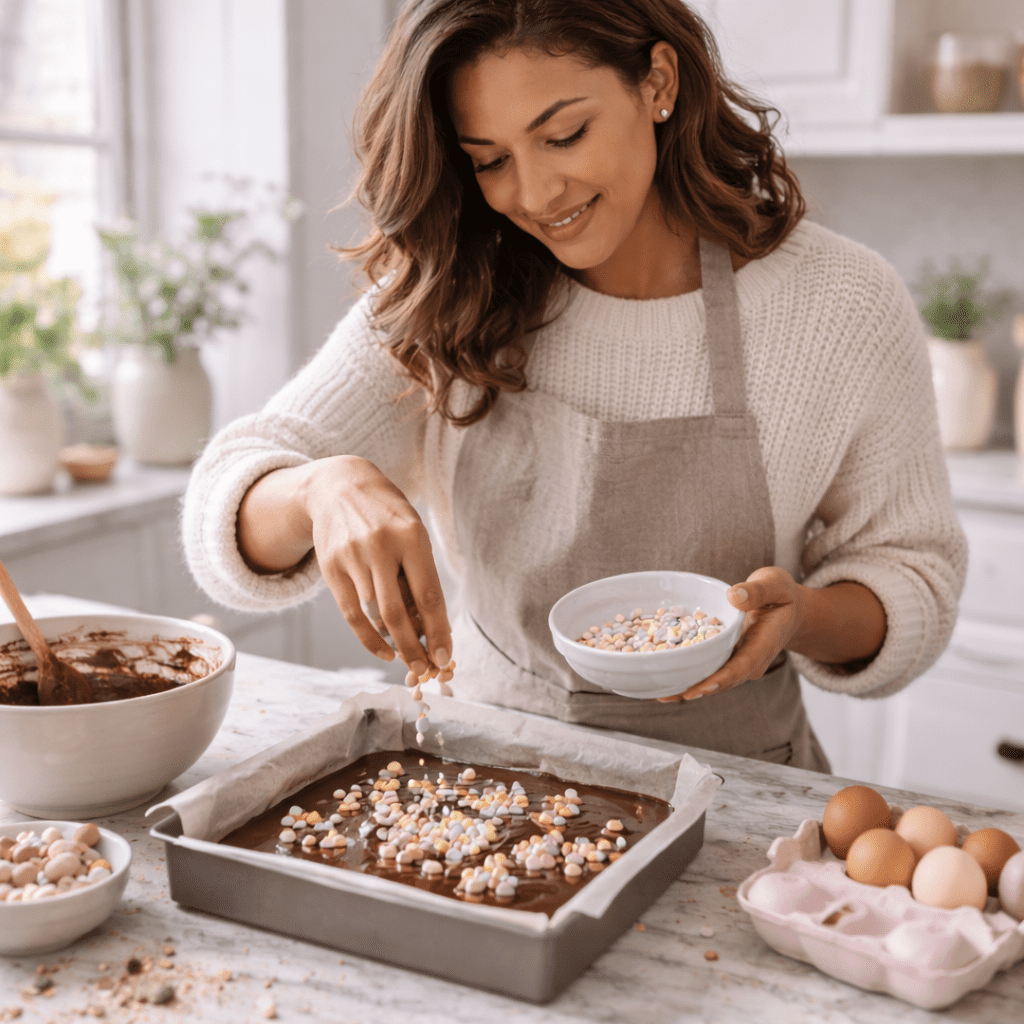 Woman in her 30s sprinkling crushed Mini Eggs onto brownie batter in a square tin in a bright modern kitchen.
