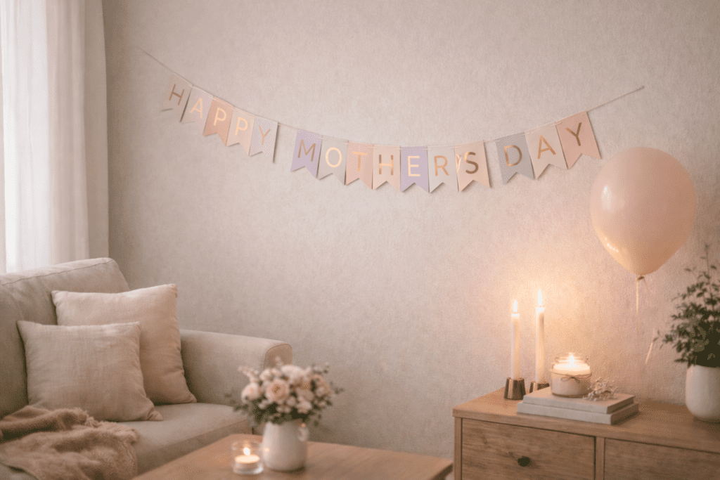 Mother’s Day decorating ideas with a pastel ‘Happy Mother’s Day’ banner and balloon styled in a calm living room