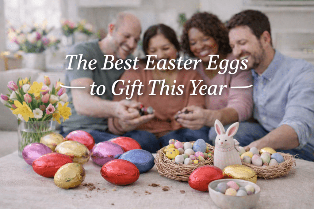 Featured image for The Best Easter Eggs to Gift This Year with colourful foil eggs, spring flowers and decorative Easter styling.