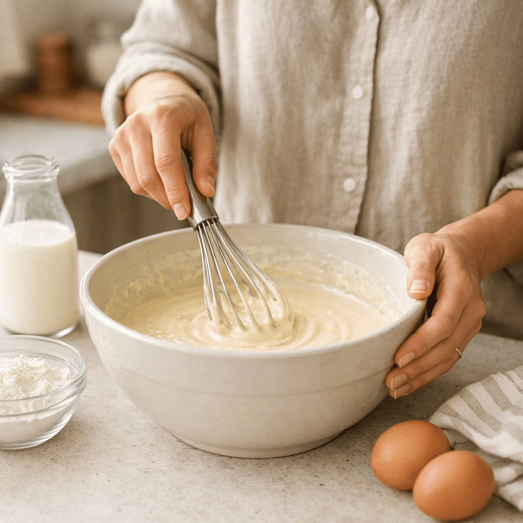 Hands whisking pancake batter in a ceramic mixing bowl on a kitchen counter, with eggs, flour and milk nearby in soft morning light.