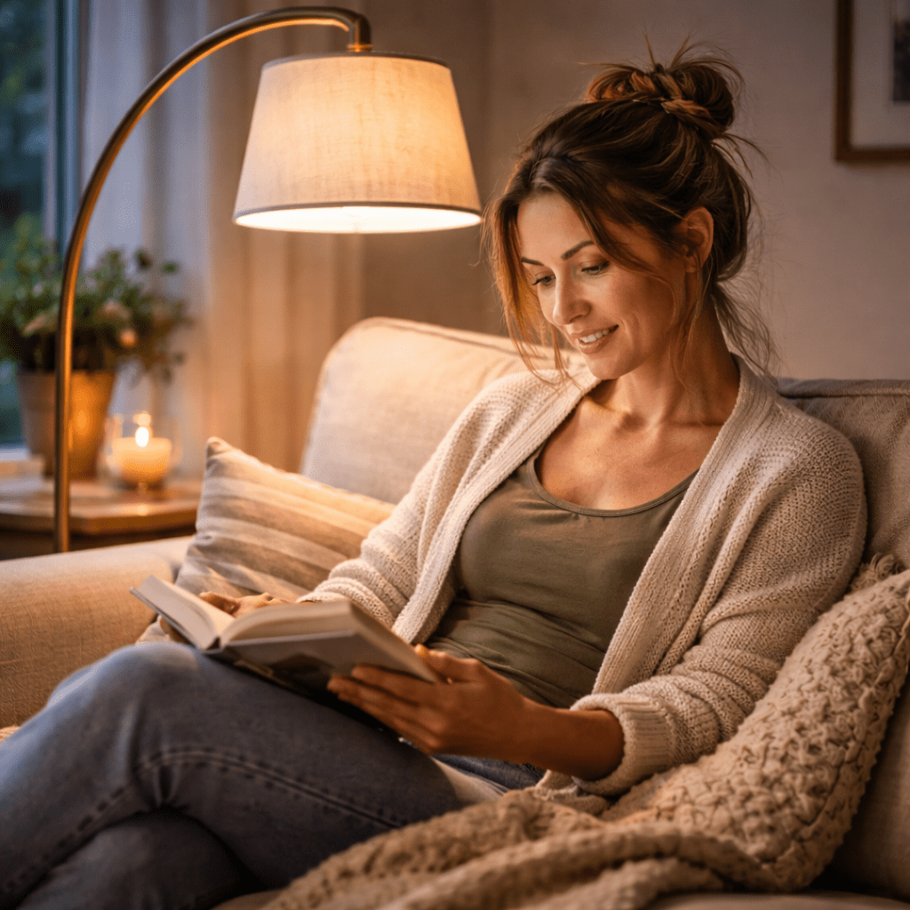 Woman in her late 30s reading on a sofa beneath an arc floor lamp at dusk thinking about how to light her home for spring