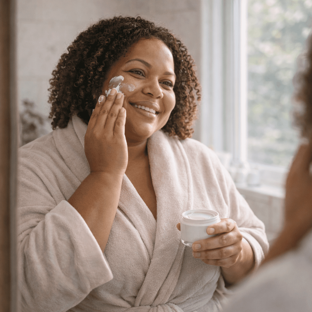 Woman applying face cream in bathroom mirror with natural light