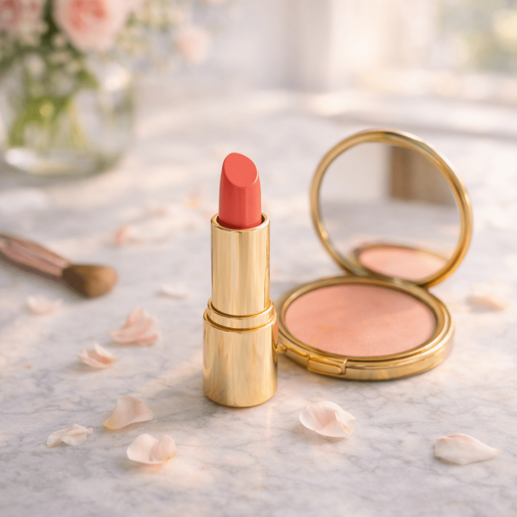 Coral lipstick and gold compact mirror on marble vanity table with scattered flower petals