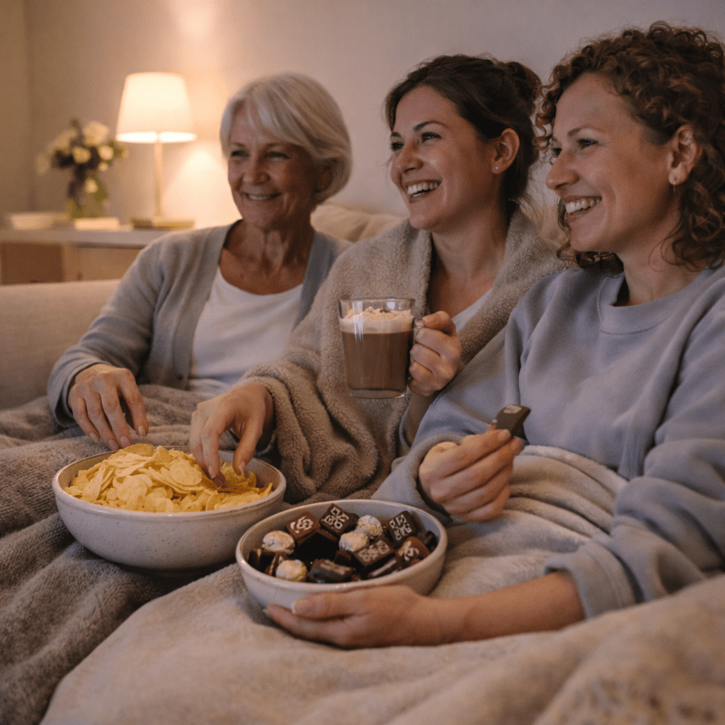 Three women on a sofa enjoying a cosy movie night with blankets, hot chocolate, crisps and chocolates as an idea for International Women's Day
