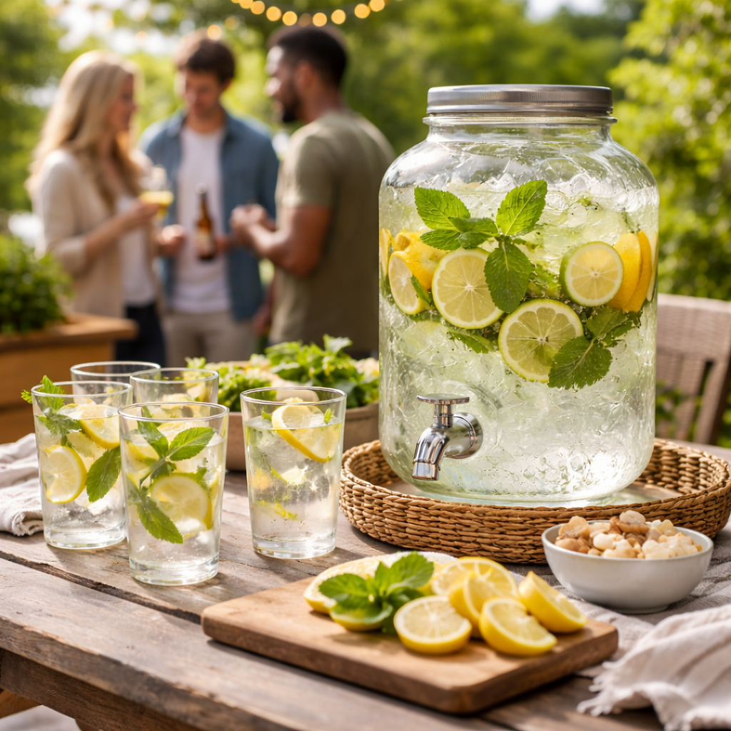 Glass drinks dispenser with lemon and mint water on a patio table, adults blurred in the background.