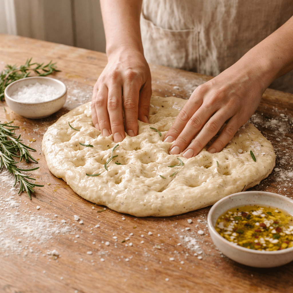International Women's Day ideas - hands dimpling focaccia dough on a wooden counter with rosemary, olive oil and flaky salt in a bright kitchen.