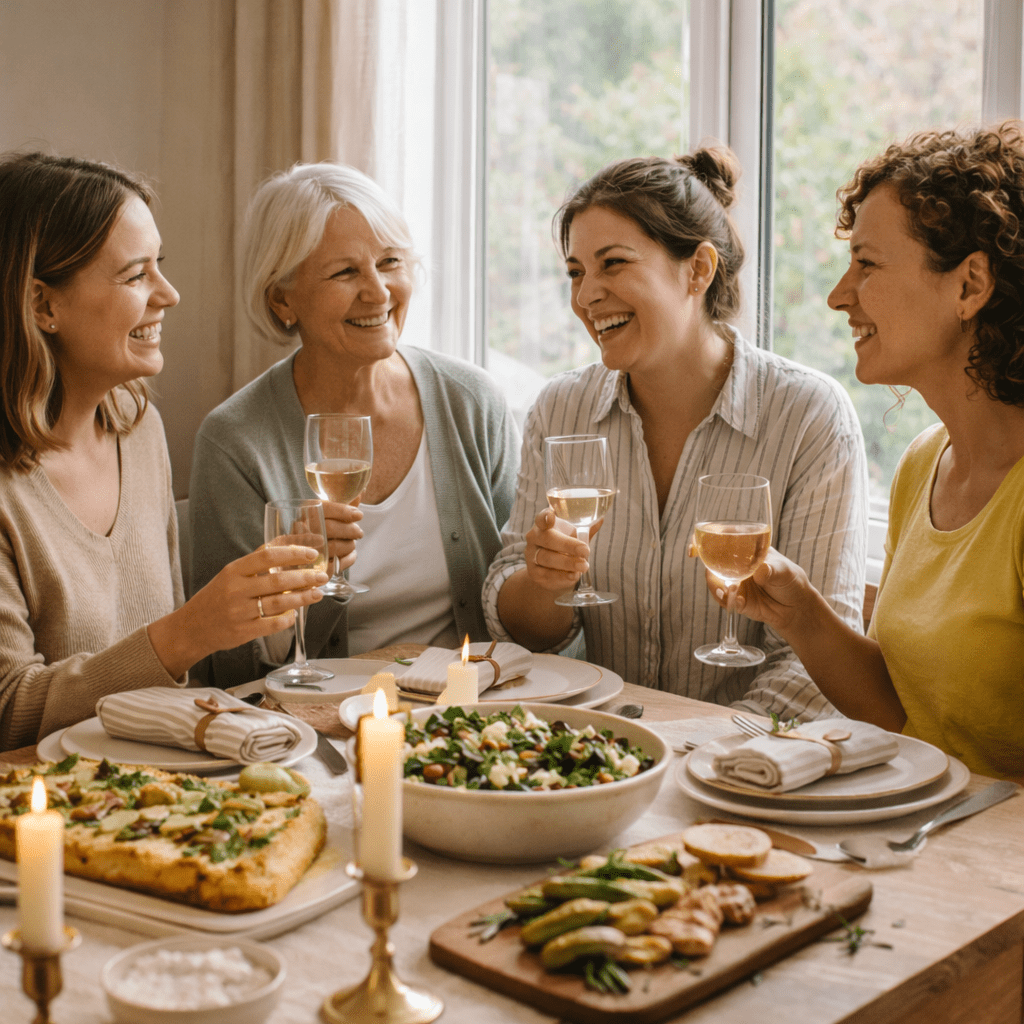 Four women laughing together over drinks at a cosy spring lunch table by a window.