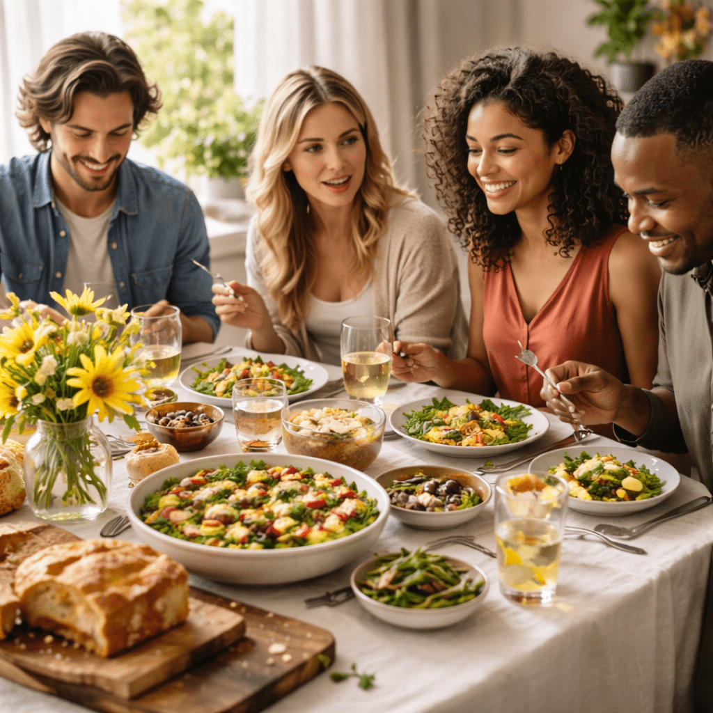Mixed group of adults sitting around a spring lunch table in natural daylight, mid conversation.