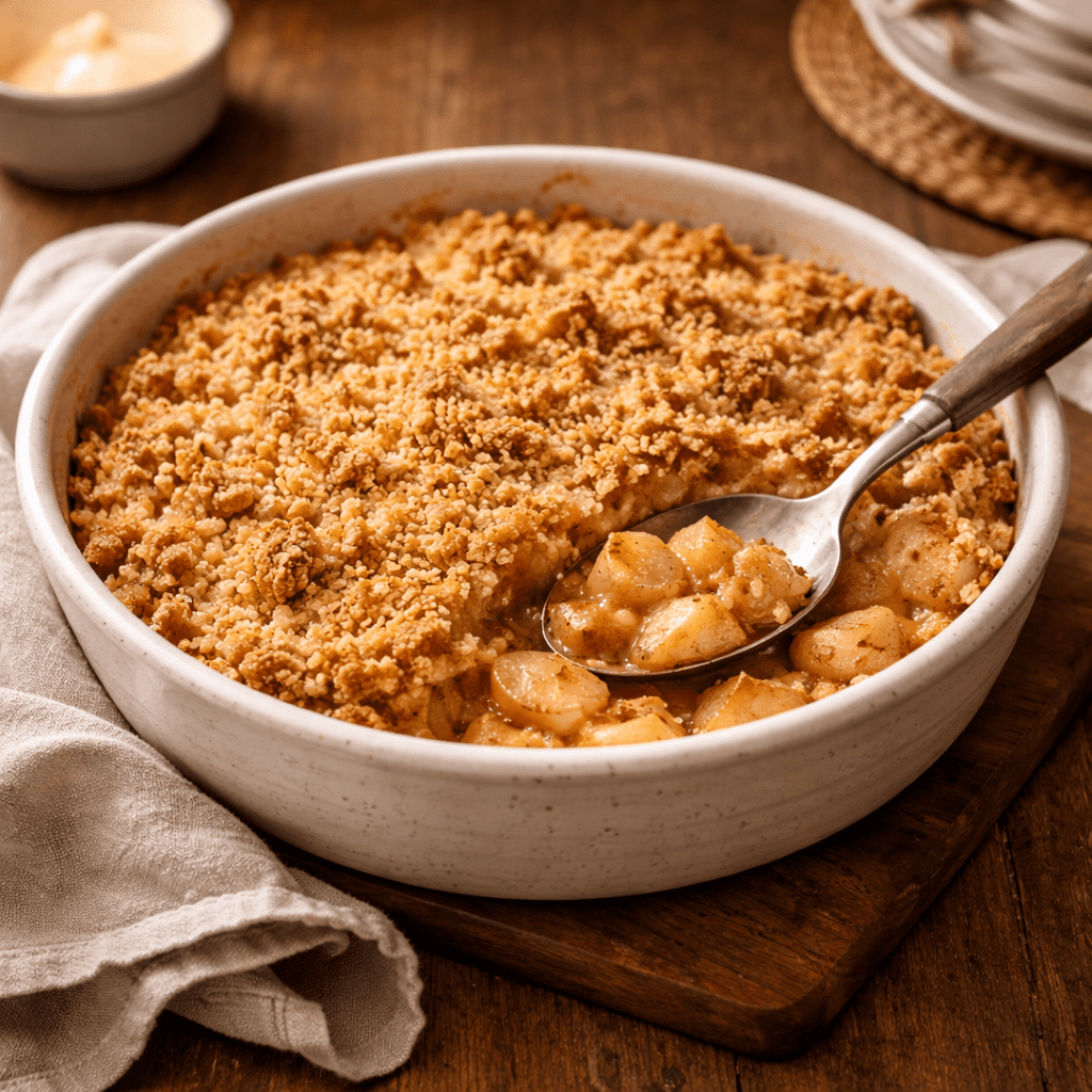 Warm apple crumble in ceramic baking dish with spoon