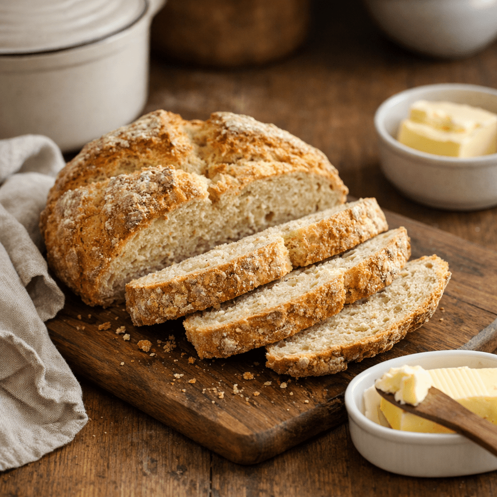Rustic Irish soda bread sliced on wooden board with butter and linen cloth as part of St Patrick’s Day traditions