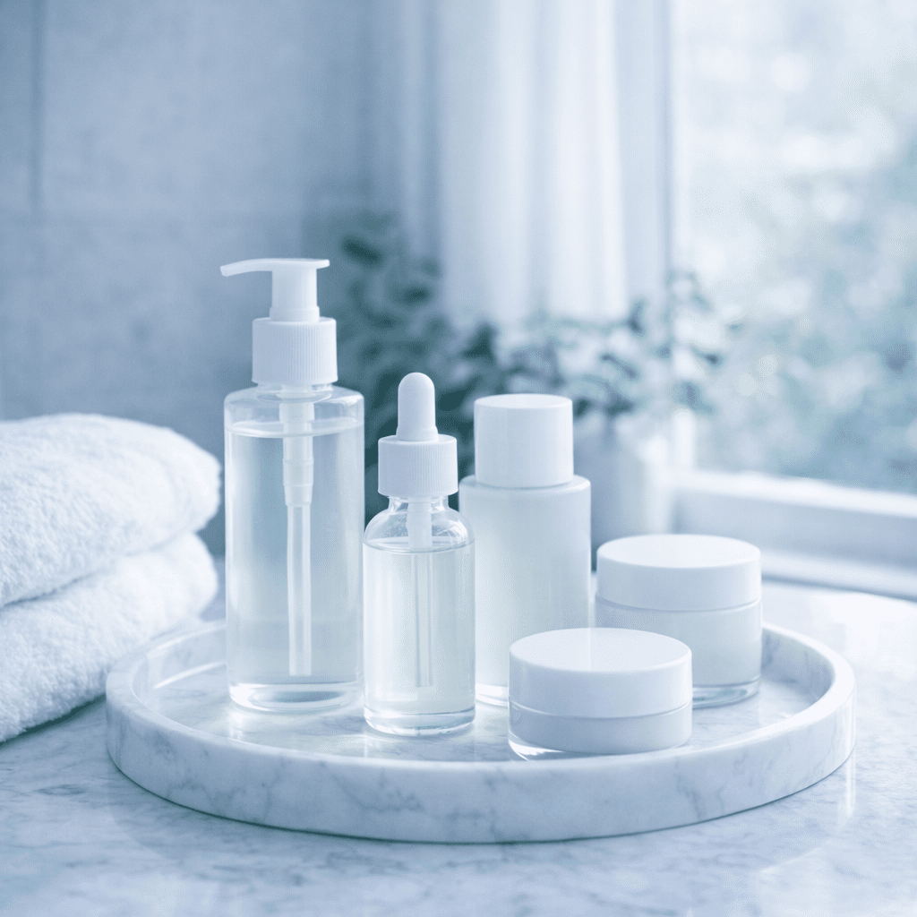 Spring beauty routines including minimal skincare bottles arranged on marble bathroom counter with soft morning light and greenery