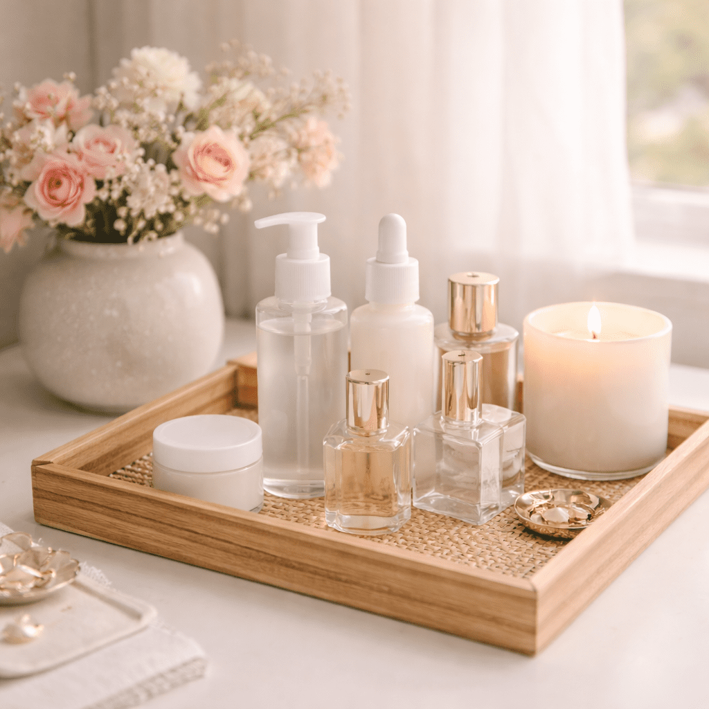 Organised wooden vanity tray with skincare bottles perfume candle and flowers in morning light