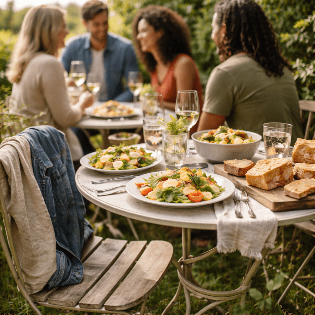 Small garden table set for lunch with jackets over chairs and adults talking naturally in daylight.