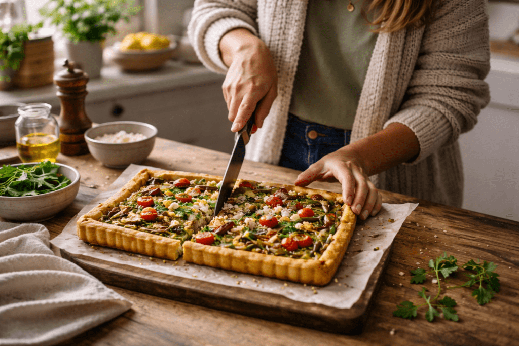 Woman slicing a rectangular savoury tart at a kitchen counter in natural daylight.