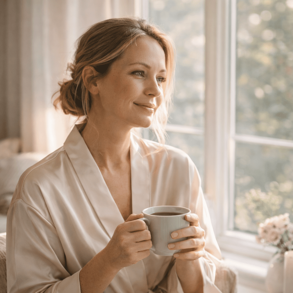 Woman in satin robe sitting by window holding cup of tea in morning sunlight