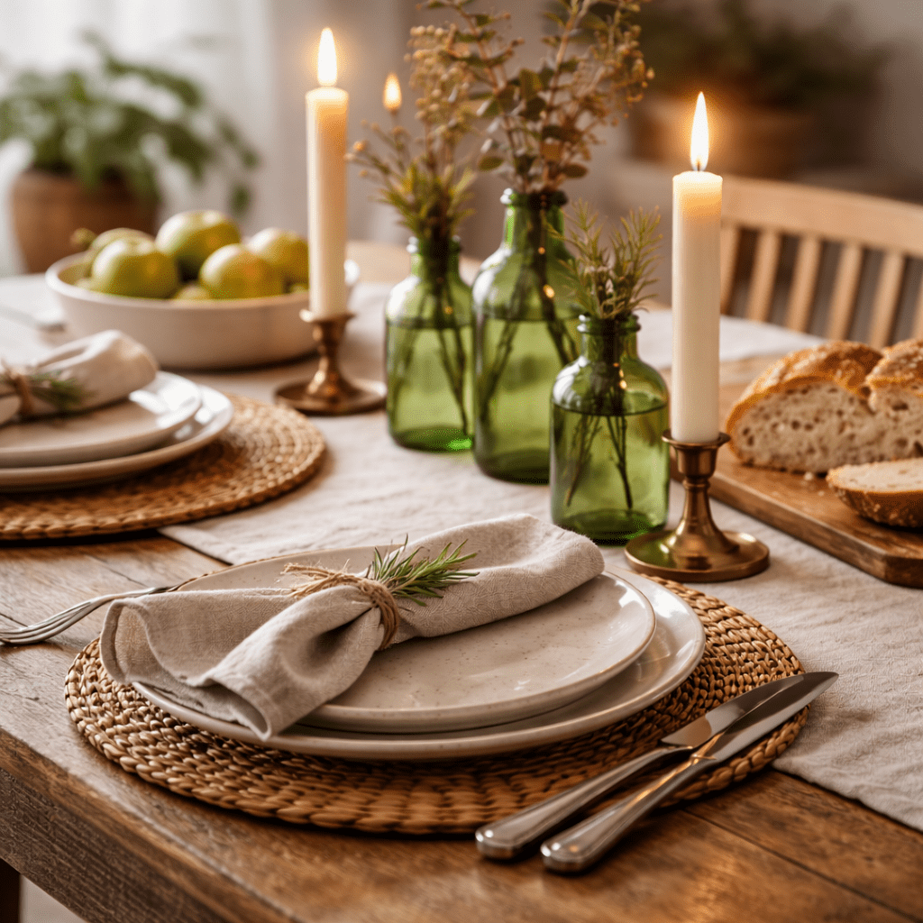 Simple spring dinner table with linen napkins ceramic plates and candles